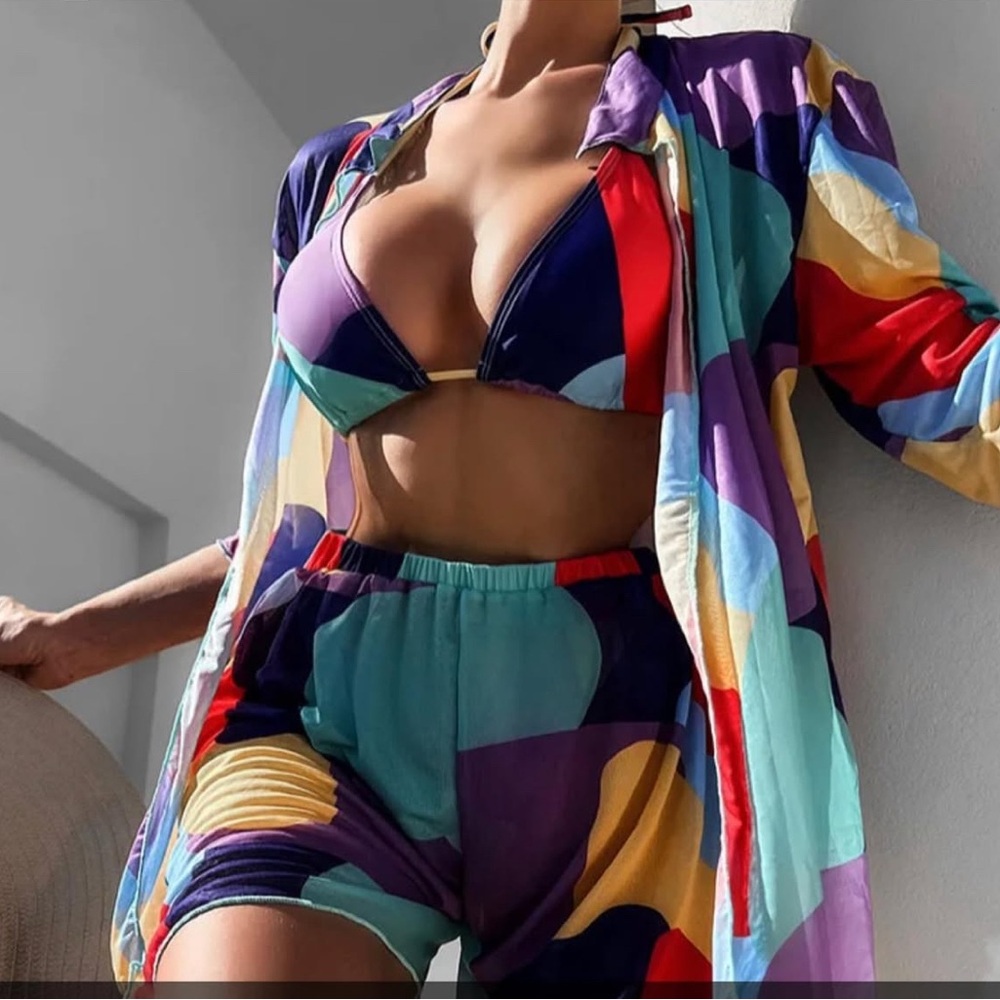 Colorful Abstract Print Bikini Set with Cover-Up